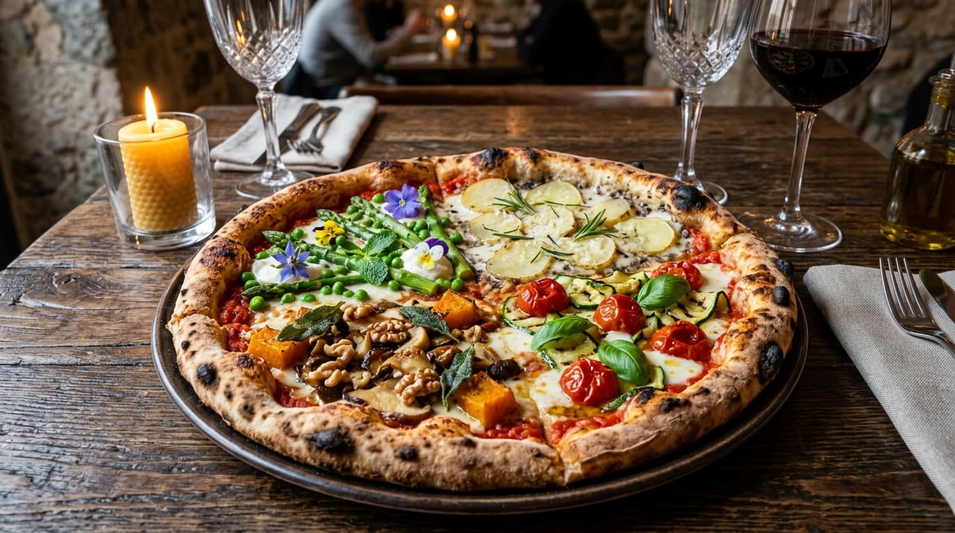 Vier seizoenen pizza op een sfeervol gedekte tafel met wijn en kaarslicht